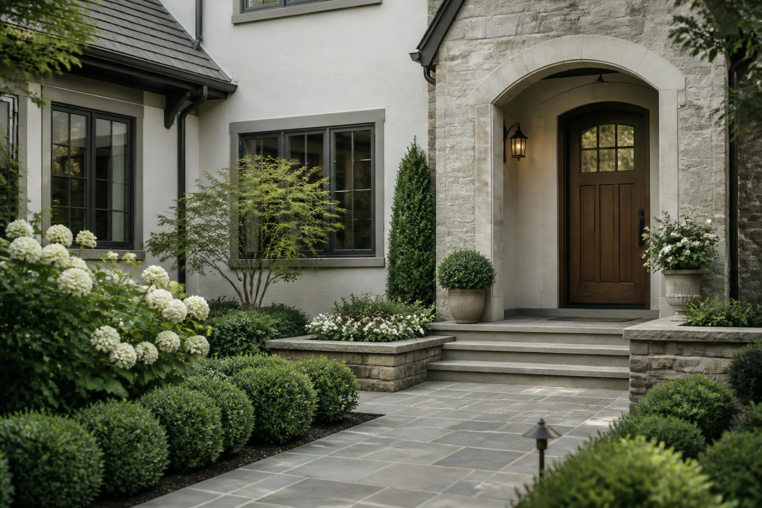 Refined home exterior with a freshly maintained entry and landscaping